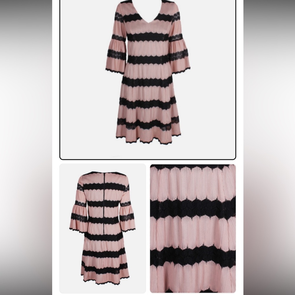 Taylor Apricot Black Lace-Stripe Bell-Sleeve A-Line Dress 10 - Picture 2 of 9